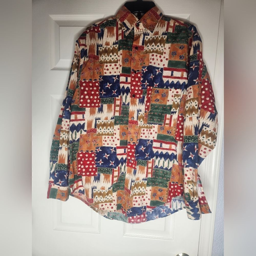 Vtg90s The Territory Ahead M 100% Cotton Abstract PrintPocket ButtonUpMen Shirt